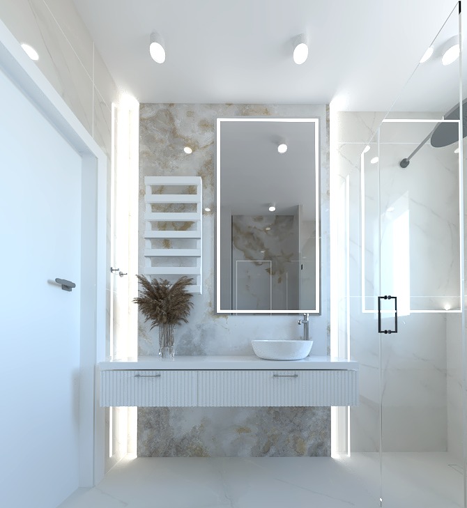 Jasna łazienka z marmurową ścianą, podświetlanym lustrem, białą umywalką nablatową i grzejnikiem drabinkowym, uzupełniona dekoracyjną trawą w szklanym wazonie.