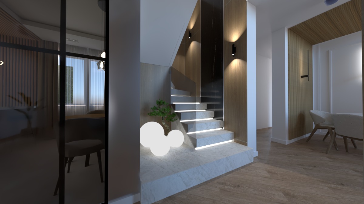 Nowoczesne schody z podświetleniem LED, marmurowymi stopniami i dekoracyjną rośliną bonsai, widok na jadalnię z drewnianą ścianą i minimalistycznymi krzesłami.