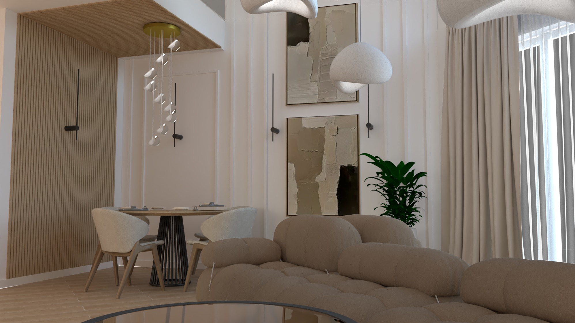 Nowoczesny salon z beżową sofą modułową, okrągłym stolikiem kawowym z przezroczystym blatem, stołem jadalnym z krzesłami o jasnej tapicerce, oraz abstrakcyjnymi obrazami na ścianie.