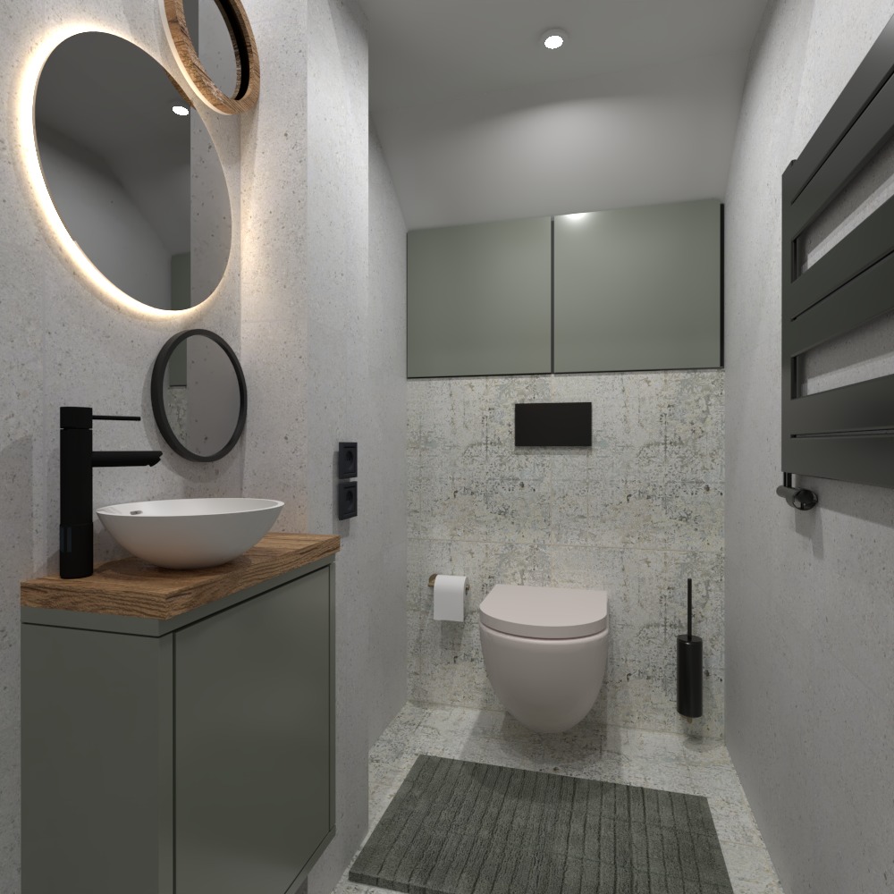 Wizualizacja nowoczesnej łazienki z umywalką nablatową, podświetlanym lustrem, wiszącą toaletą i grzejnikiem drabinkowym na tle betonowej ściany.