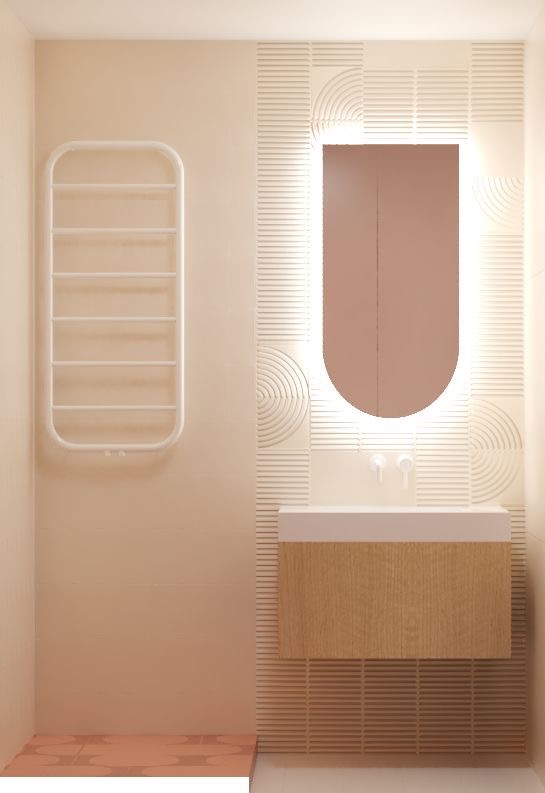 Jasna łazienka z umywalką, lustrem z podświetleniem i grzejnikiem drabinkowym. Geometryczne wzory na ścianie dodają unikalnego charakteru.