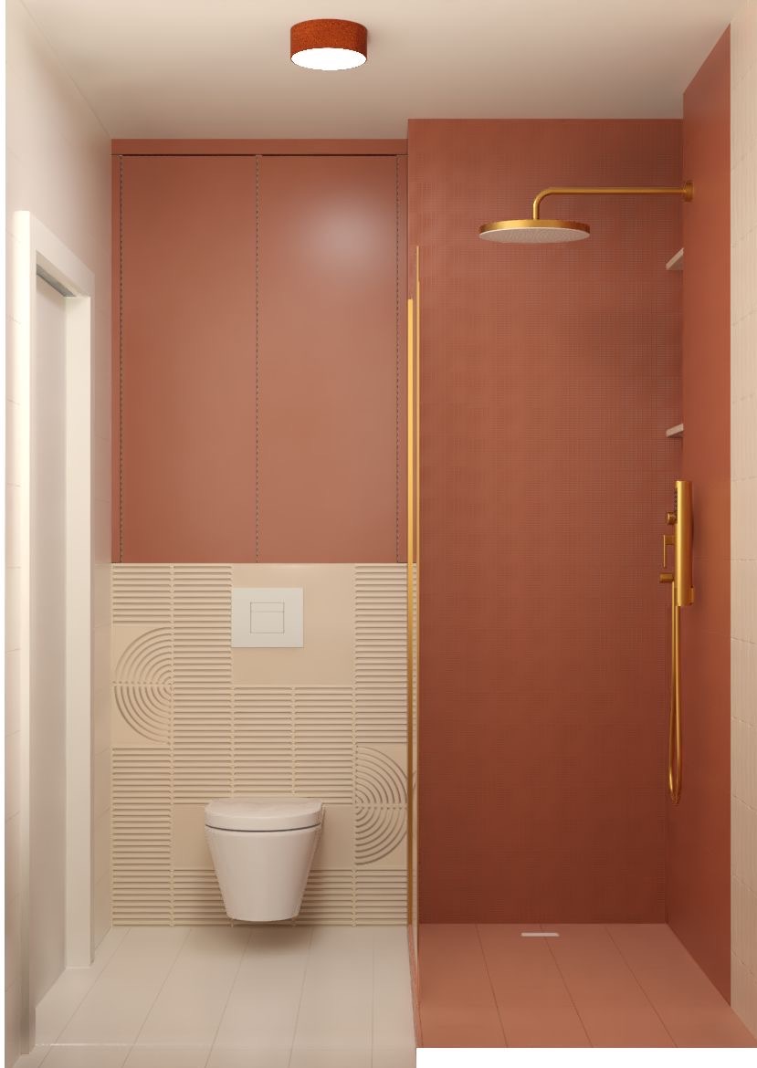 Wizualizacja łazienki z kabiną typu walk-in, toaletą podwieszaną i zabudową w odcieniach terakoty i beżu. Kabina z deszczownicą w kolorze złotym. Geometryczny wzór na płytkach.