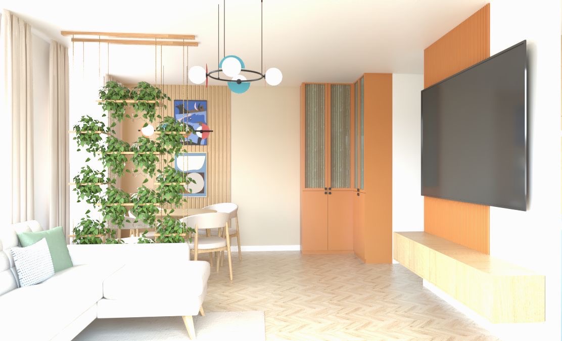 Jasne wnętrze z sofą, ścianą zieleni i telewizorem na pomarańczowej ścianie. Parkiet w jodełkę, nowoczesna lampa i abstrakcyjne obrazy dopełniają aranżację.