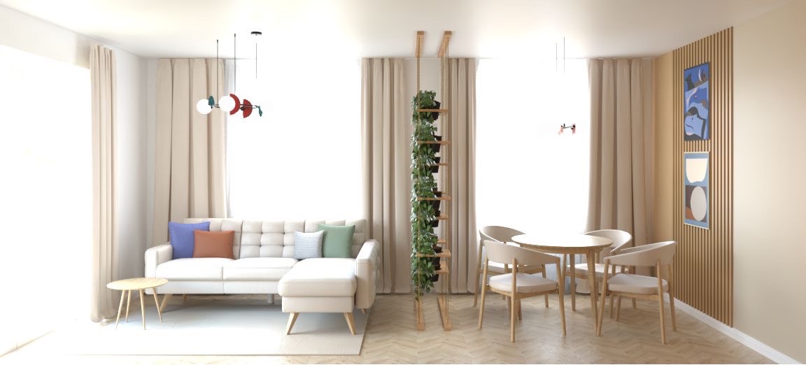 Jasne wnętrze z kanapą, stołem i pionową ścianą zieleni. Minimalistyczny design, beżowe zasłony, drewniane akcenty. Dwa abstrakcyjne obrazy na ścianie.