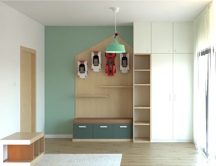 Pokój dziecięcy: szafa z półkami, szafki, dekoracyjna ściana z autkami i półkami, zielona ściana, jasne drewno, dywan. Nowoczesny design.