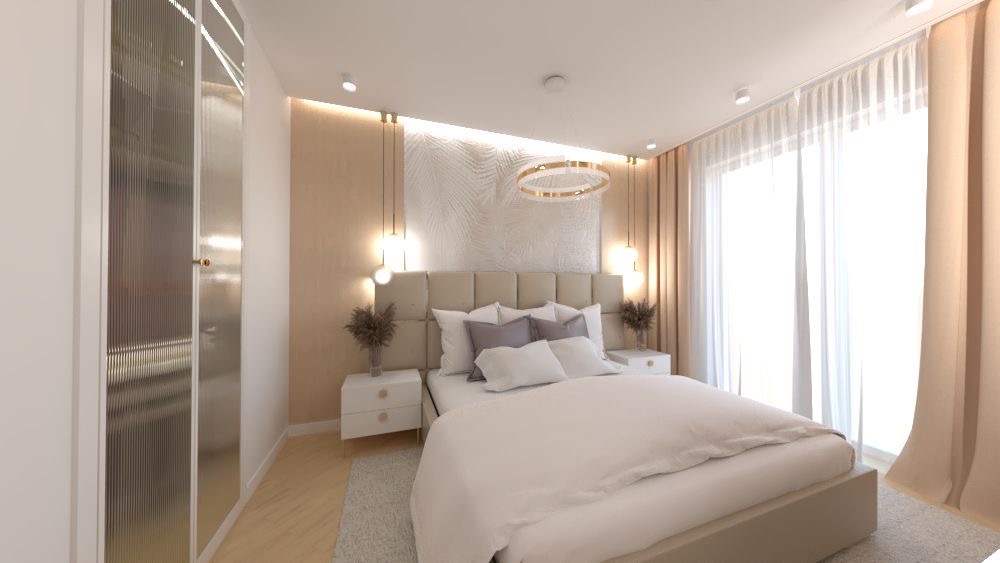 Jasna sypialnia z beżowym łóżkiem, szafkami nocnymi i dekoracyjną ścianą za wezgłowiem. Okno z białymi zasłonami. Nowoczesna lampa sufitowa. Elementy dekoracyjne.