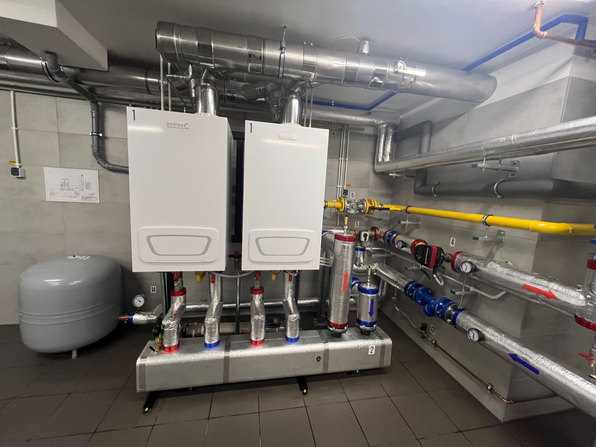 Dwa białe kotły grzewcze Brötje, połączone rurami z instalacją. Widoczne filtry, zawory i manometry. Na ścianie schemat instalacji.