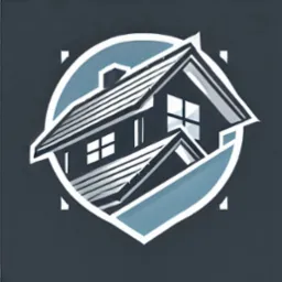 Stylizowany, geometryczny symbol domu z dachem dwuspadowym i oknami, umieszczony w okręgu z akcentami w odcieniach szarości i błękitu.