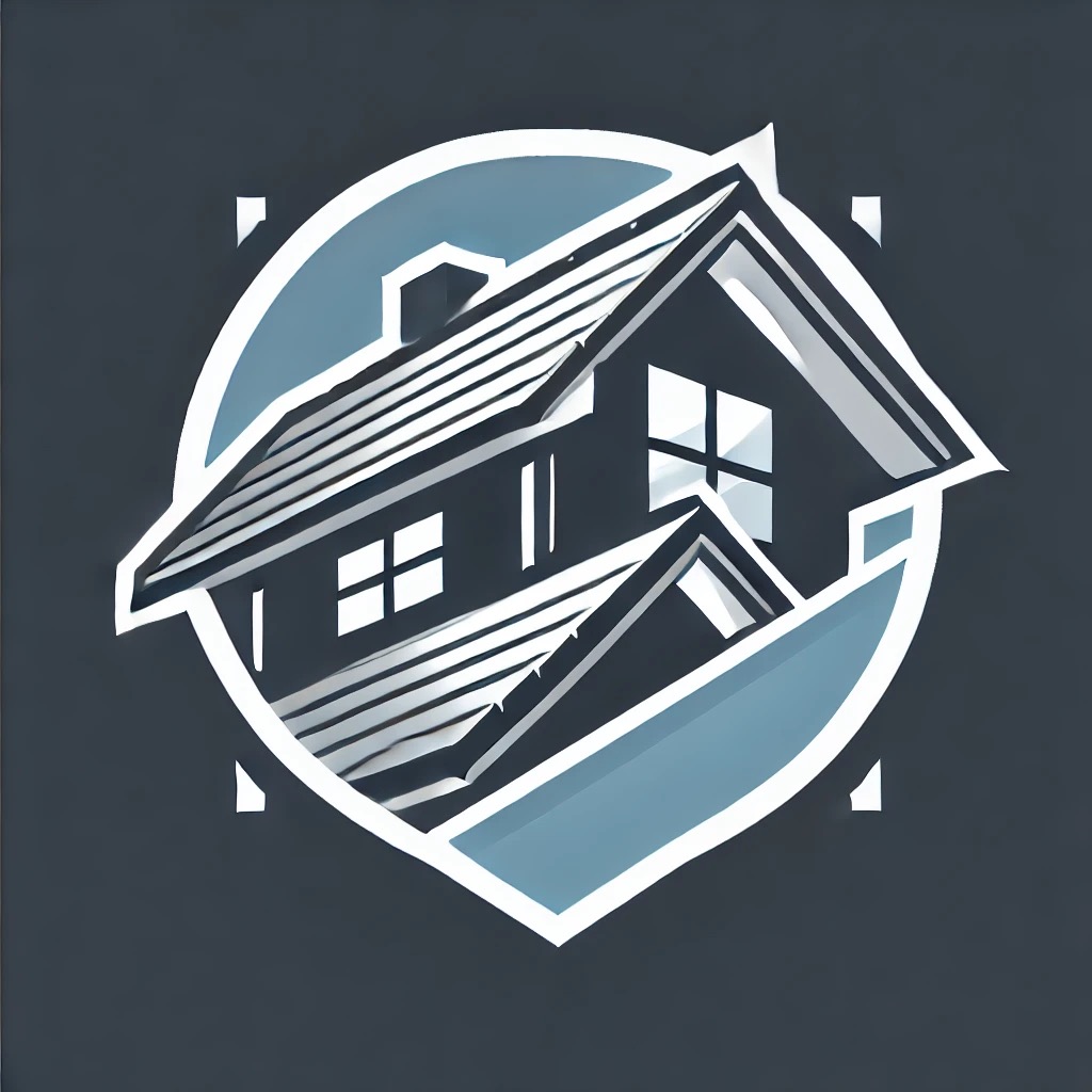 Stylizowany, geometryczny symbol domu z dachem dwuspadowym i oknami, umieszczony w okręgu z akcentami w odcieniach szarości i błękitu.