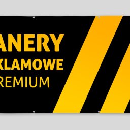 PRZEDSIĘBIORSTWO HANDLOWO-USŁUGOWE KRZYSZTOF GINAŁ - Baner reklamowy premium z czarnym tłem i żółtymi ukośnymi pasami, zawieszony na szarym tle.