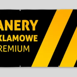 Baner reklamowy premium z czarnym tłem i żółtymi ukośnymi pasami, zawieszony na szarym tle.