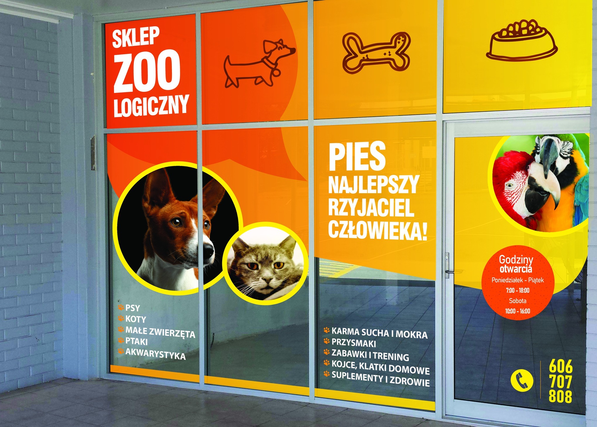 Okna sklepu zoologicznego z pomarańczowo-żółtymi grafikami psów, kotów, papug, kości i misek, oraz napisy informacyjne o godzinach otwarcia i asortymencie.