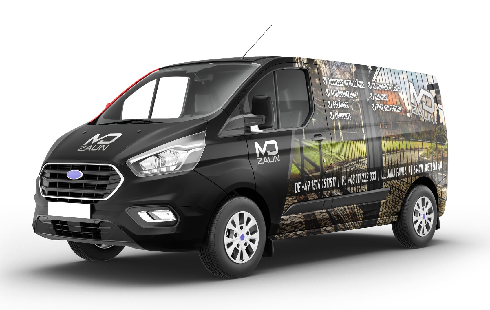 Czarny van Ford Transit z brandingiem firmy zajmującej się produkcją ogrodzeń, prezentujący wizualizację gotowych realizacji na karoserii.