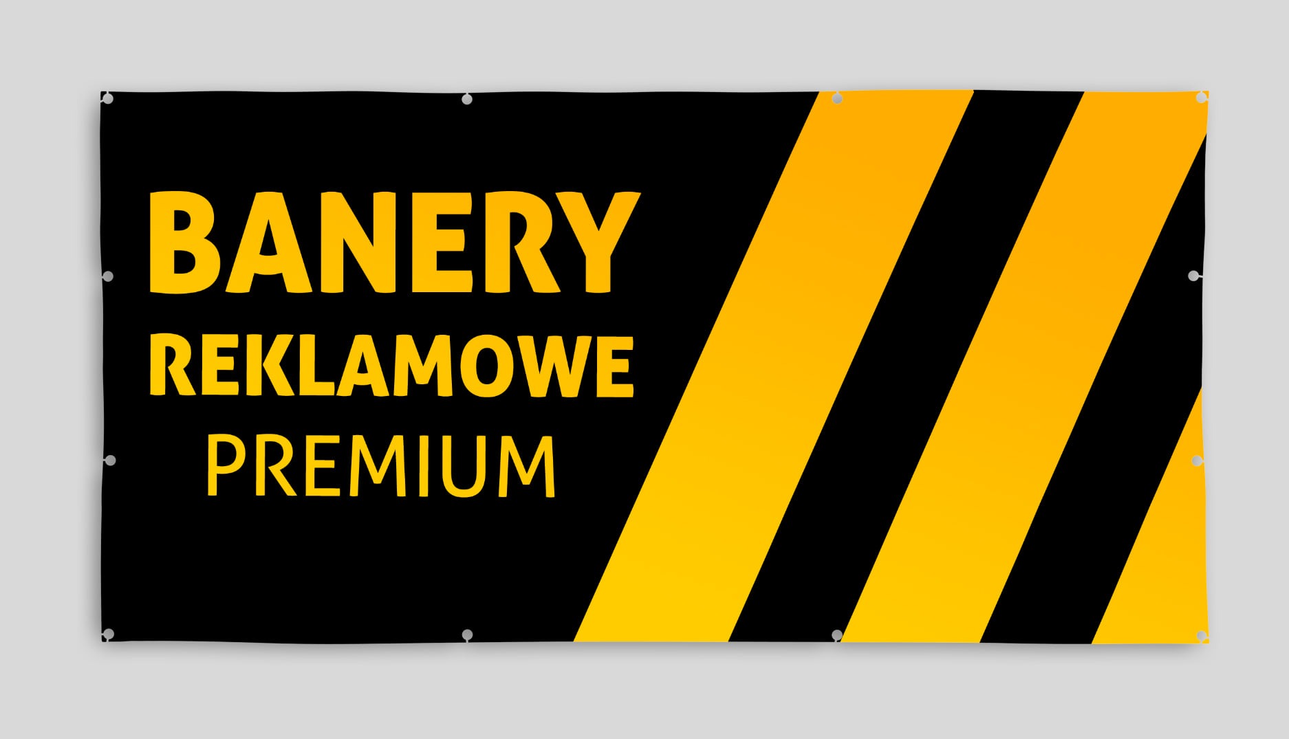 Baner reklamowy premium z czarnym tłem i żółtymi ukośnymi pasami, zawieszony na szarym tle.