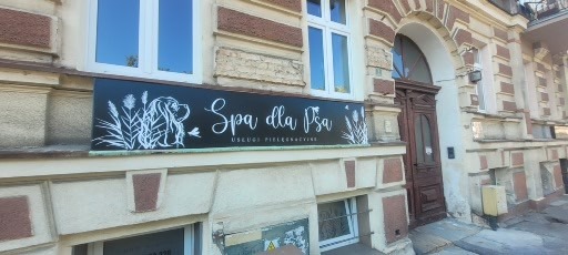 Czarny szyld z białym napisem 'Spa dla Psa Usługi Pielęgnacyjne' i rysunkami psa oraz roślin, umieszczony na fasadzie budynku z oknami i drzwiami.