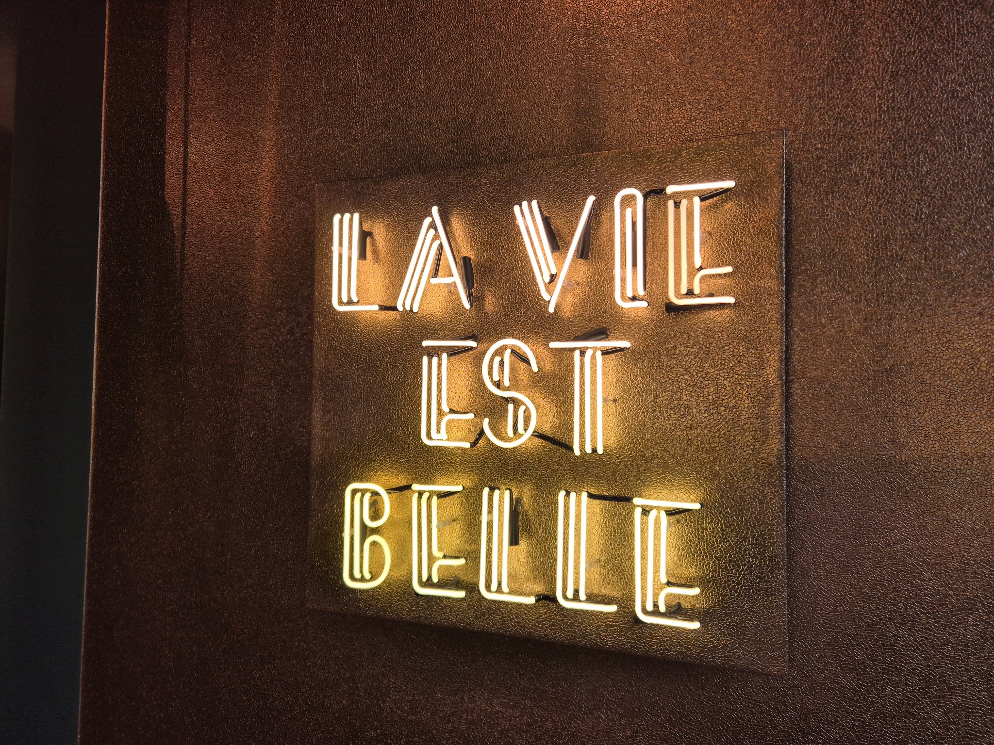 Neonowy napis 'La vie est belle' na teksturowanej, brązowej ścianie, oświetlony ciepłym, żółtym światłem.