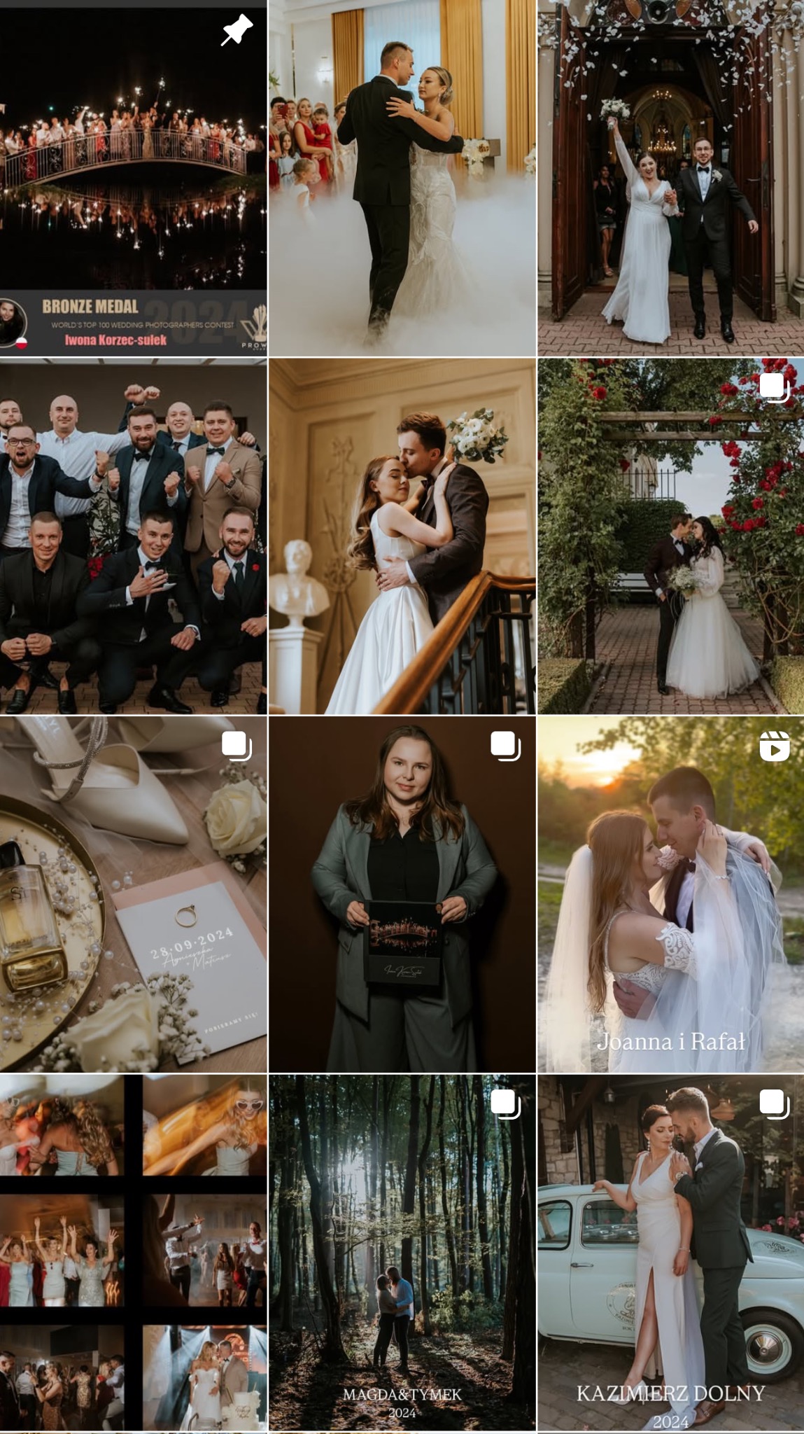 Kolaż zdjęć ślubnych z Lublina: para tańcząca w dymie, nowożeńcy wychodzący z kościoła, detale ślubne, portrety zakochanych w plenerze i na sali weselnej.