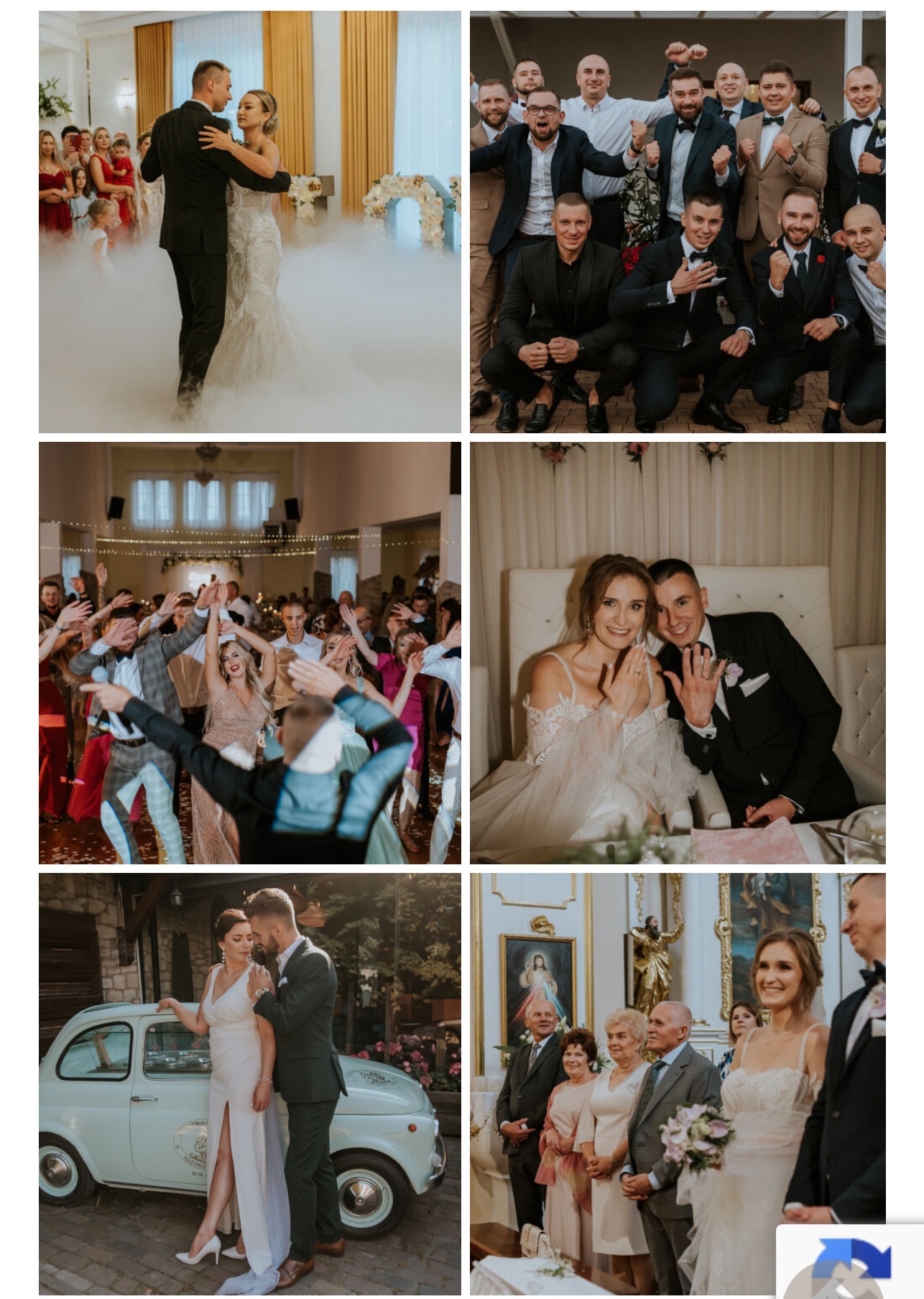 Kolaż z wesela: taniec w chmurach, radośni goście, para z obrączkami, Fiat 500 i ceremonia w kościele. Różne ujęcia z uroczystości.