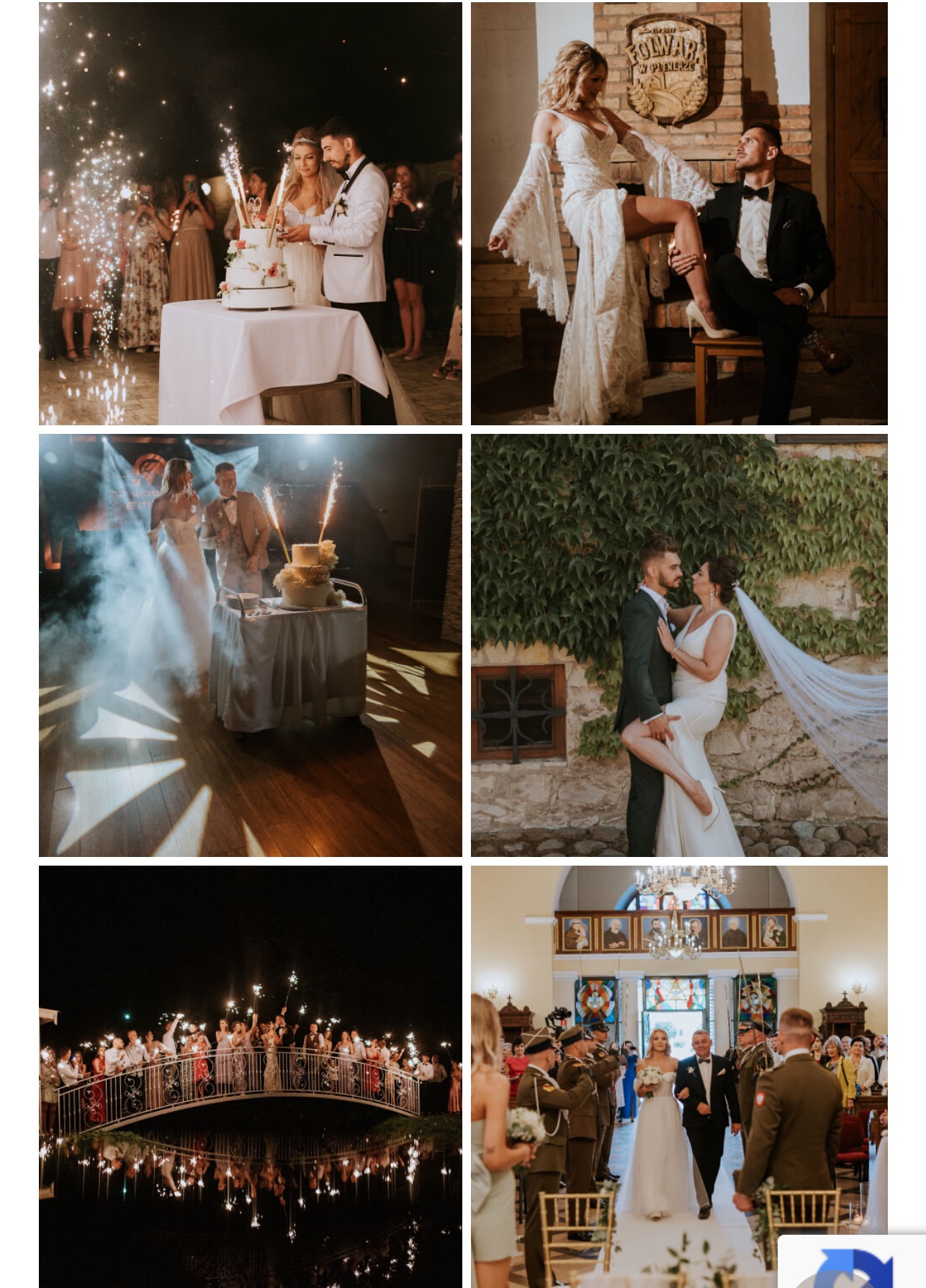 Kolaż z sześciu zdjęć ślubnych: para krojąca tort z fajerwerkami, sesja w studio, taniec, portret na tle zielonej ściany, goście z zimnymi ogniami i wejście do kościoła.