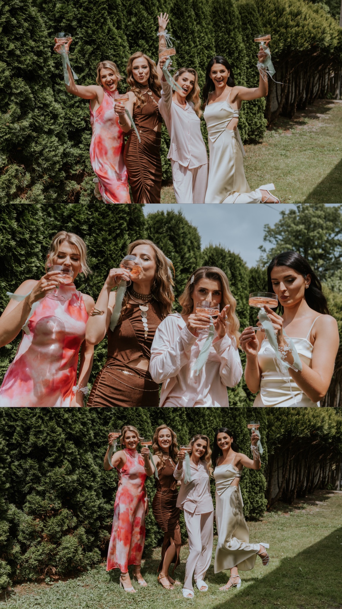 Kolaż z czterema kobietami w różnych sukienkach, pijących szampana na tle zielonych krzewów. Uśmiechnięte, świętują, trzymając kieliszki w górze. Jasne, naturalne światło.