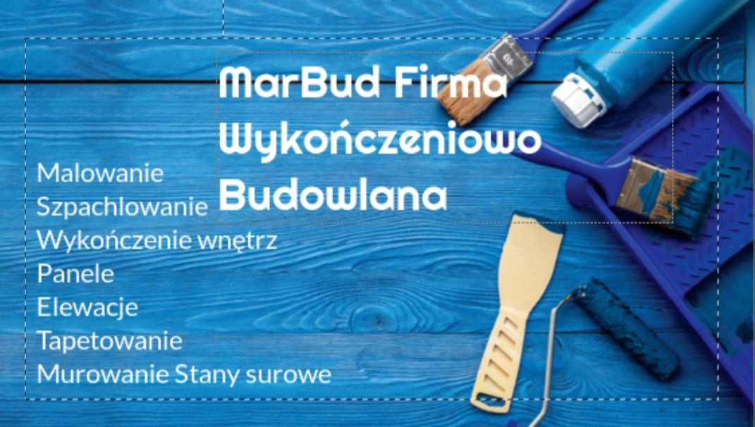 Niebieskie tło z narzędziami malarskimi: pędzle, wałek, szpachelka i kuweta. Widoczne logo firmy 'MarBud Firma Wykończeniowo Budowlana' i lista usług.
