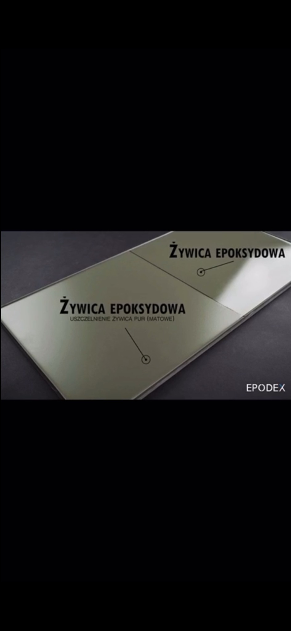 Próbka dwóch rodzajów wykończenia powierzchni: żywica epoksydowa błyszcząca i uszczelnienie żywicą PUR matową, z logo EPODEX w prawym dolnym rogu.