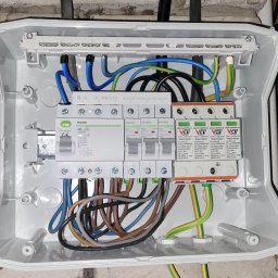 PIEDOX Piotr Pałka - Otwarta skrzynka elektryczna z zamontowanymi bezpiecznikami, ogranicznikami przepięć i podłączonymi przewodami o różnych kolorach, zamontowana na ceglanej ścianie w surowym wnętrzu.