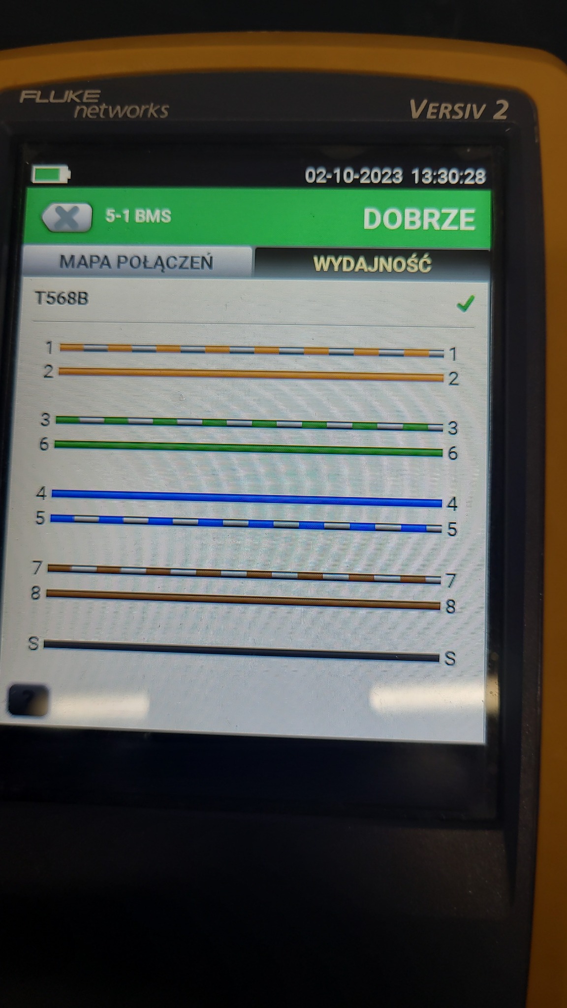Ekran testera sieci Fluke Networks Versiv 2 wyświetlający pomyślny test okablowania strukturalnego T568B, z zielonym napisem 'DOBRZE' i mapą połączeń.