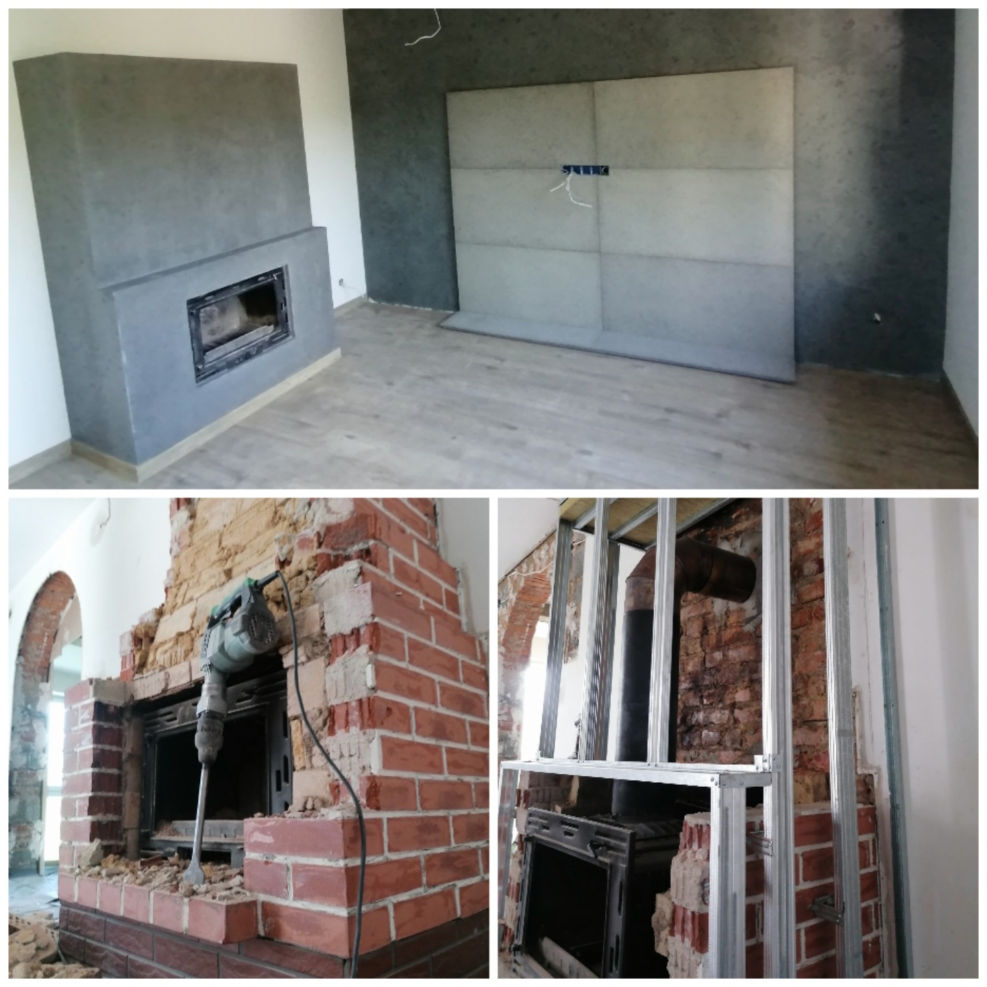 Remont kominka: demontaż starej obudowy z cegły przy użyciu młota udarowego, widok na nową obudowę z płyty karton gips i wykończony kominek z szarym tynkiem dekoracyjnym w tle.