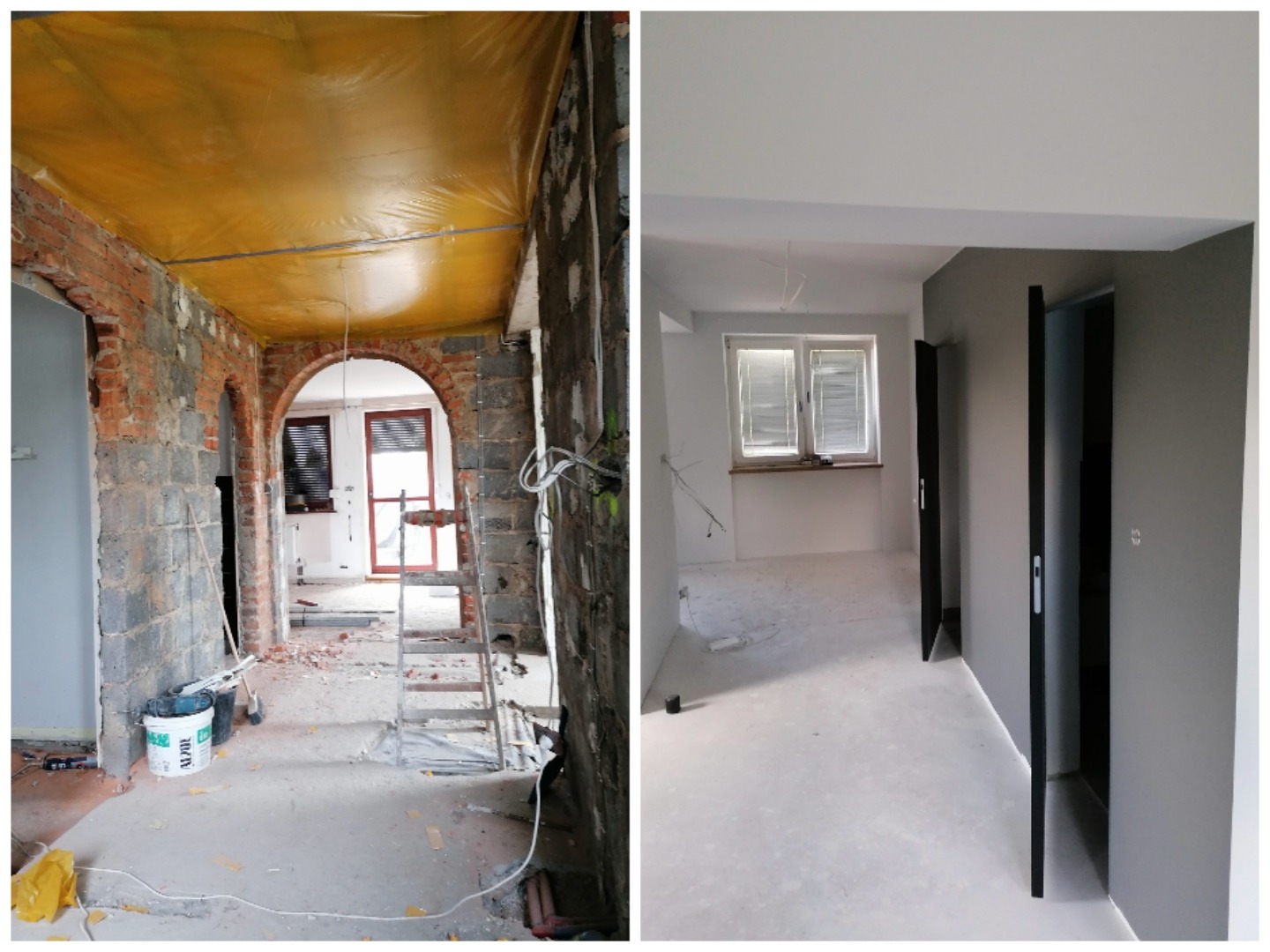 Porównanie stanu surowego i wykończonego mieszkania: po lewej odkryta cegła, zabezpieczony folią sufit, drabina i narzędzia; po prawej pomalowane ściany, zamontowane drzwi i okno z żaluzjami.