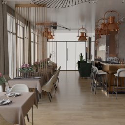 NATALIA MACKO Studio Wymiar Architektura Wnętrz - Wnętrze restauracji z drewnianą podłogą, nakrytymi stolikami z kwiatami, barem z wysokimi krzesłami i oświetleniem w stylu industrialnym.