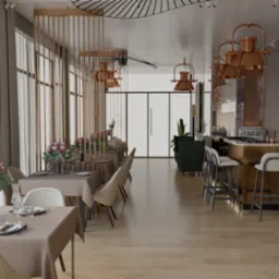 Wnętrze restauracji z drewnianą podłogą, nakrytymi stolikami z kwiatami, barem z wysokimi krzesłami i oświetleniem w stylu industrialnym.