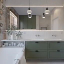 Nowoczesna łazienka z zielonymi szafkami pod umywalką, lustrem z podświetleniem LED, mozaiką na ścianie przy wannie i drewnianymi żaluzjami w oknie.