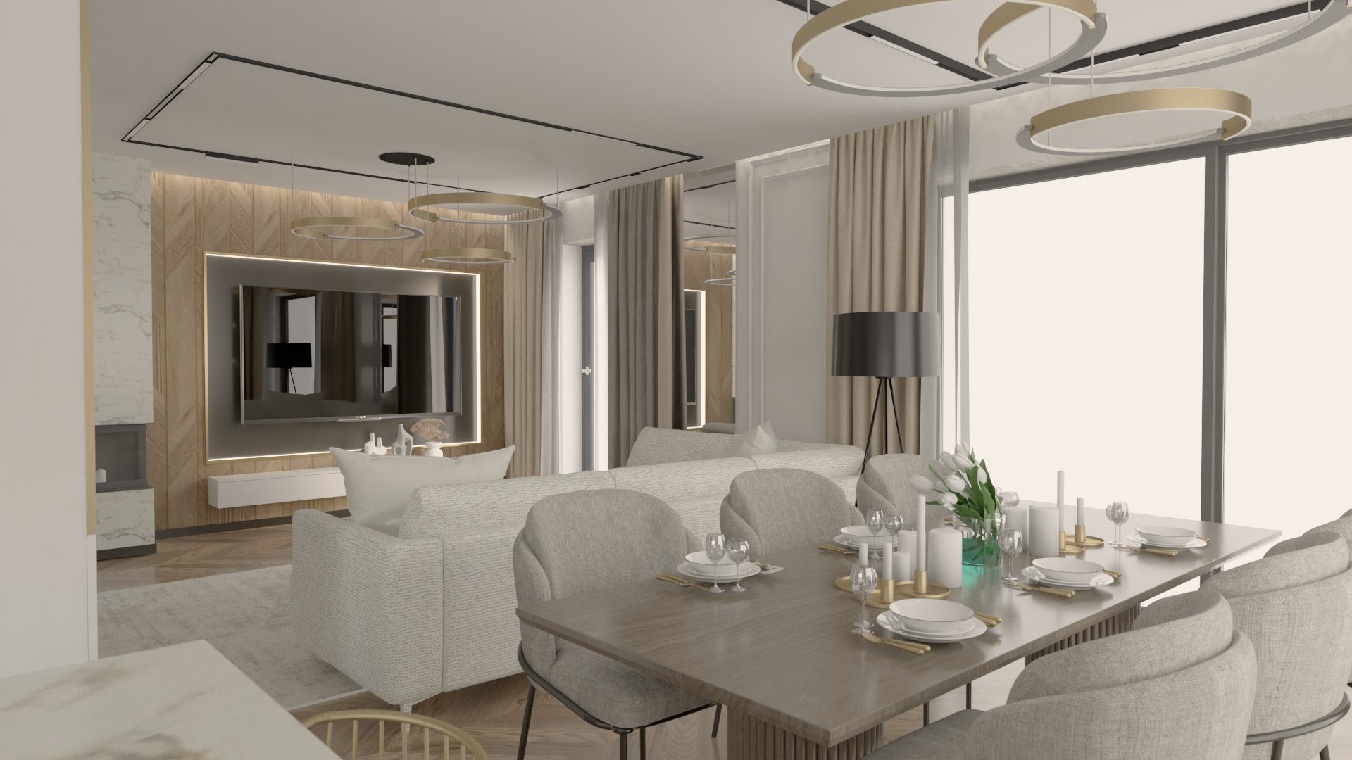 Wizualizacja salonu z jadalnią w neutralnej kolorystyce, z elementami drewna i marmuru, oświetleniem punktowym i dekoracyjnym, oraz stołem nakrytym do posiłku.