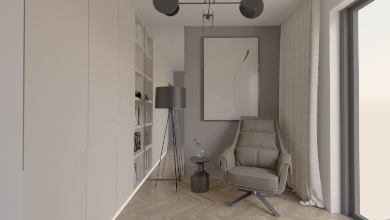 Wizualizacja wnętrza z wysokim regałem, szarym fotelem obrotowym, lampą trójnóg i abstrakcyjnym obrazem na ścianie w odcieniach beżu i szarości.