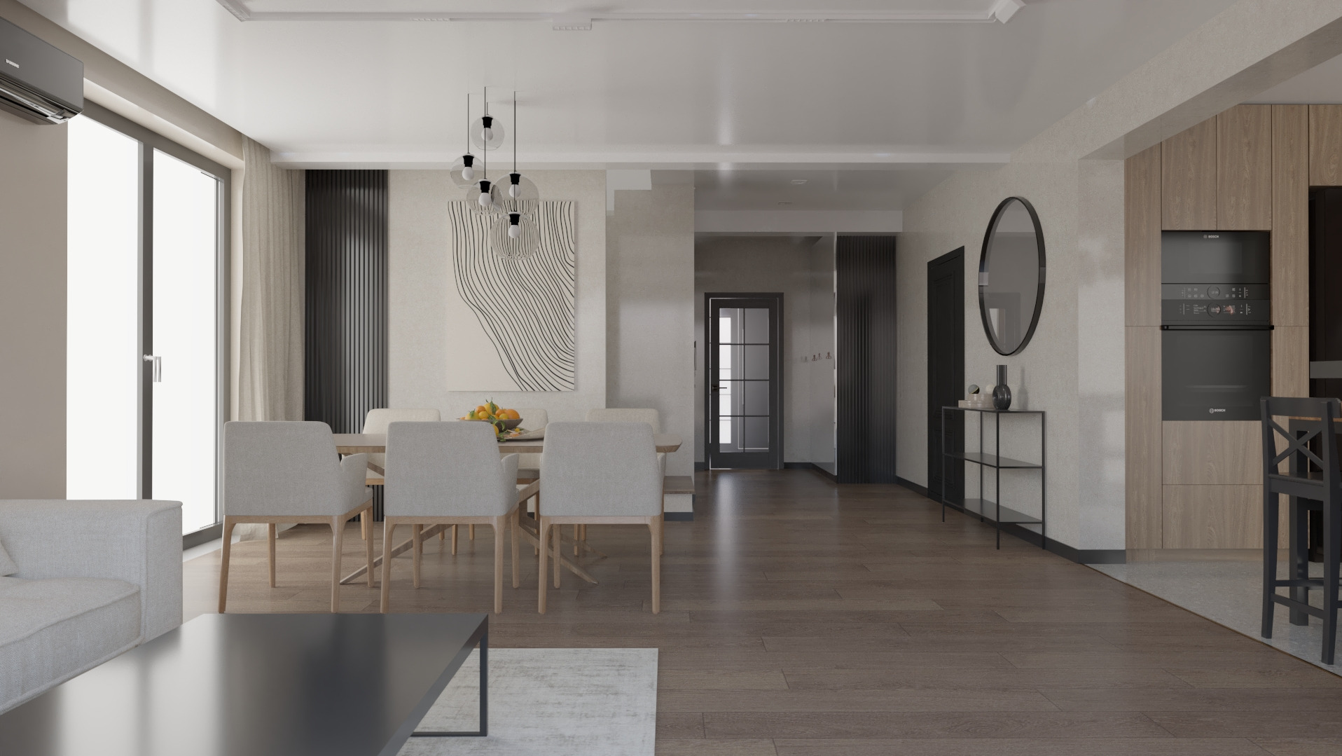 Jasne, przestronne wnętrze z drewnianą podłogą, stołem jadalnym z owocami, minimalistycznym oświetleniem, nowoczesną grafiką na ścianie i zabudową kuchenną z piekarnikiem marki Bosch.