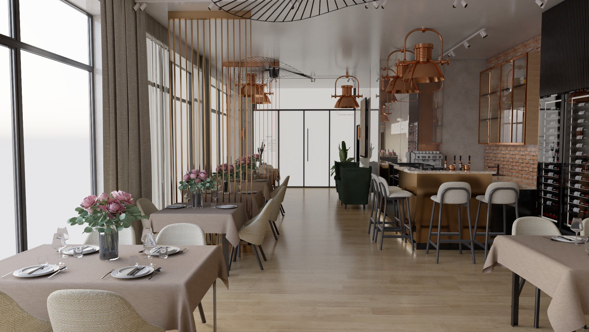 Wnętrze restauracji z drewnianą podłogą, nakrytymi stolikami z kwiatami, barem z wysokimi krzesłami i oświetleniem w stylu industrialnym.