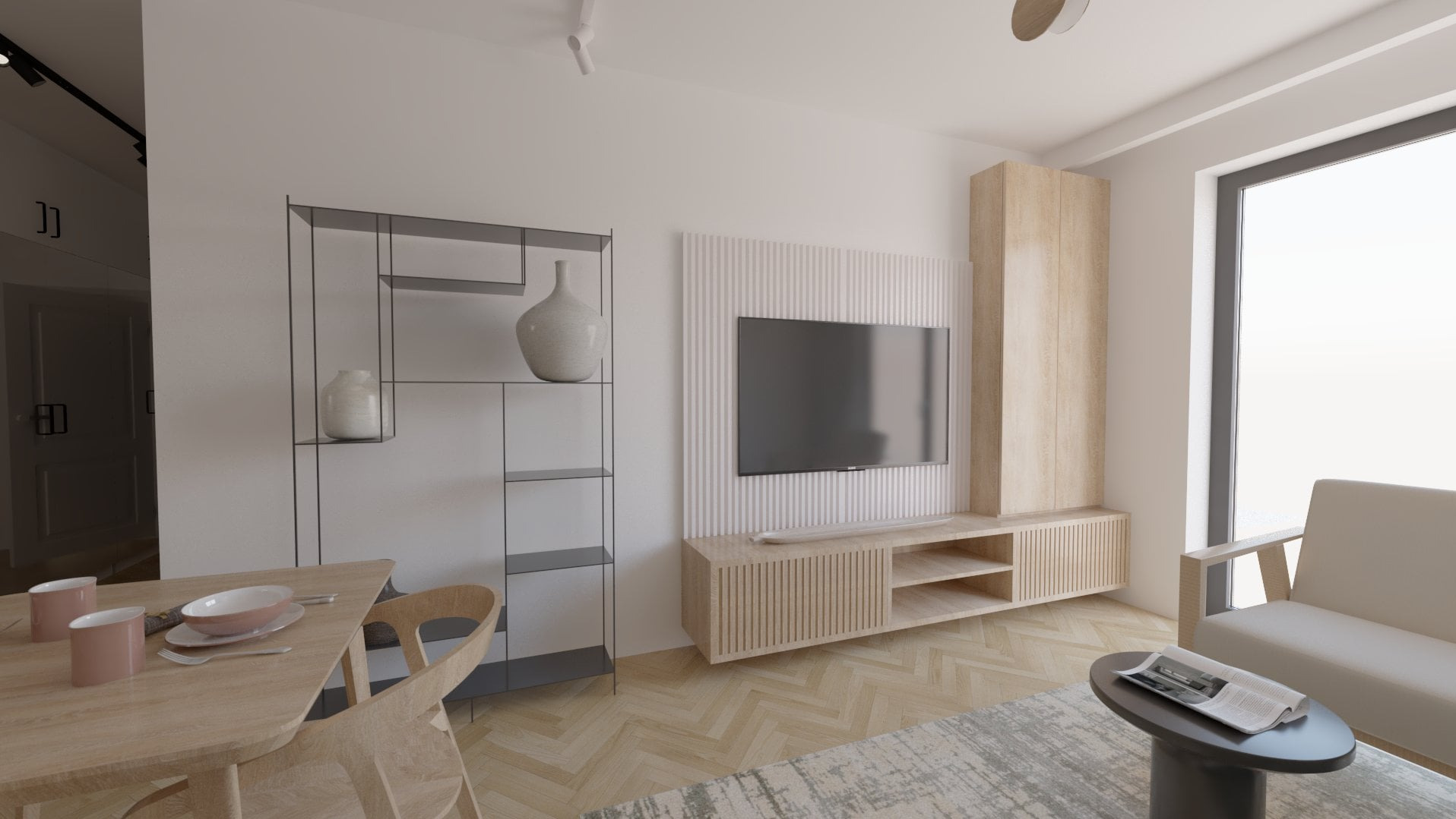 Jasne wnętrze salonu z telewizorem na ścianie, drewnianymi meblami i metalowym regałem z wazonami, stół z nakryciem w odcieniach różu, widok na kanapę i stolik kawowy z gazetą.