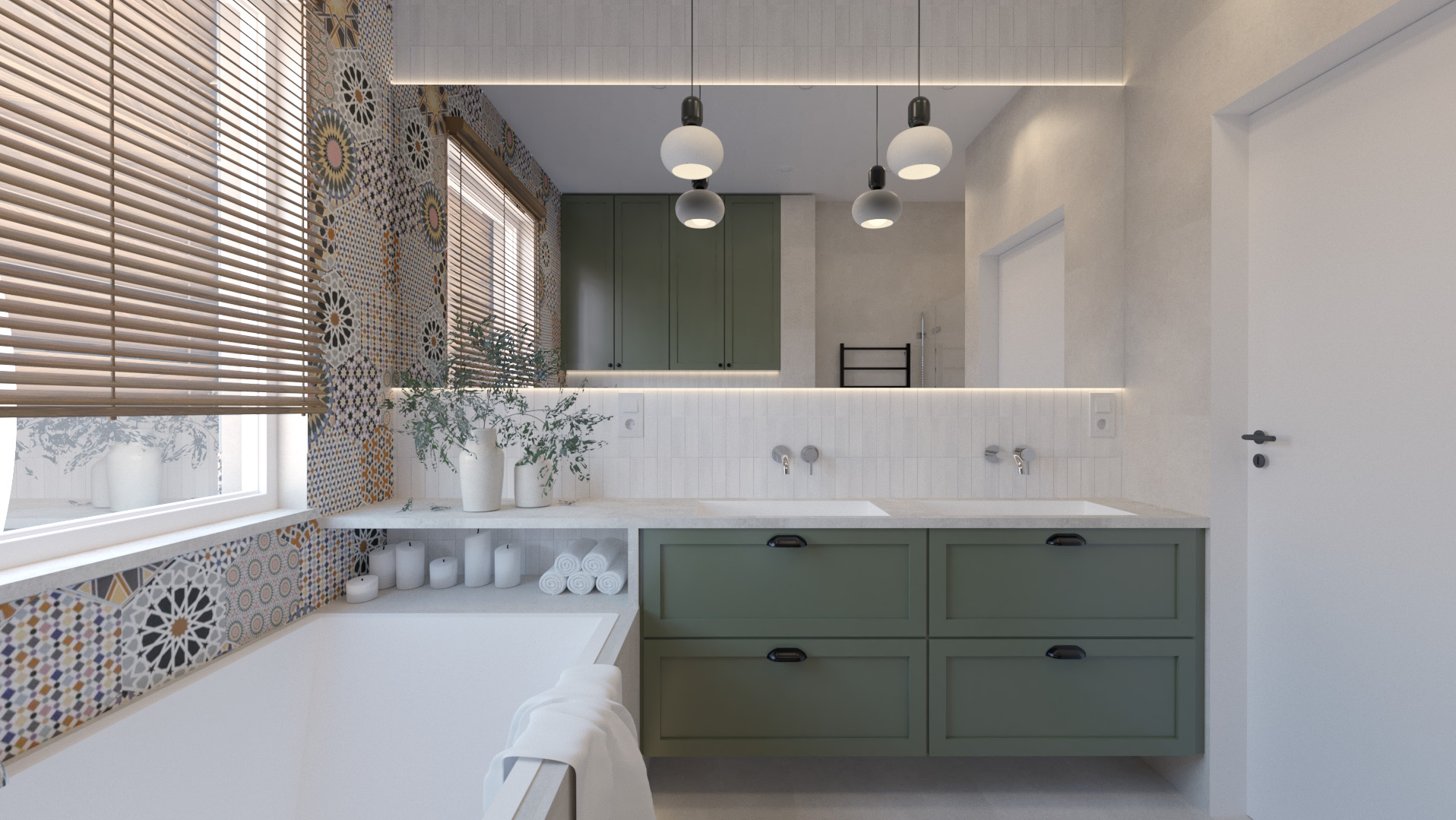 Nowoczesna łazienka z zielonymi szafkami pod umywalką, lustrem z podświetleniem LED, mozaiką na ścianie przy wannie i drewnianymi żaluzjami w oknie.