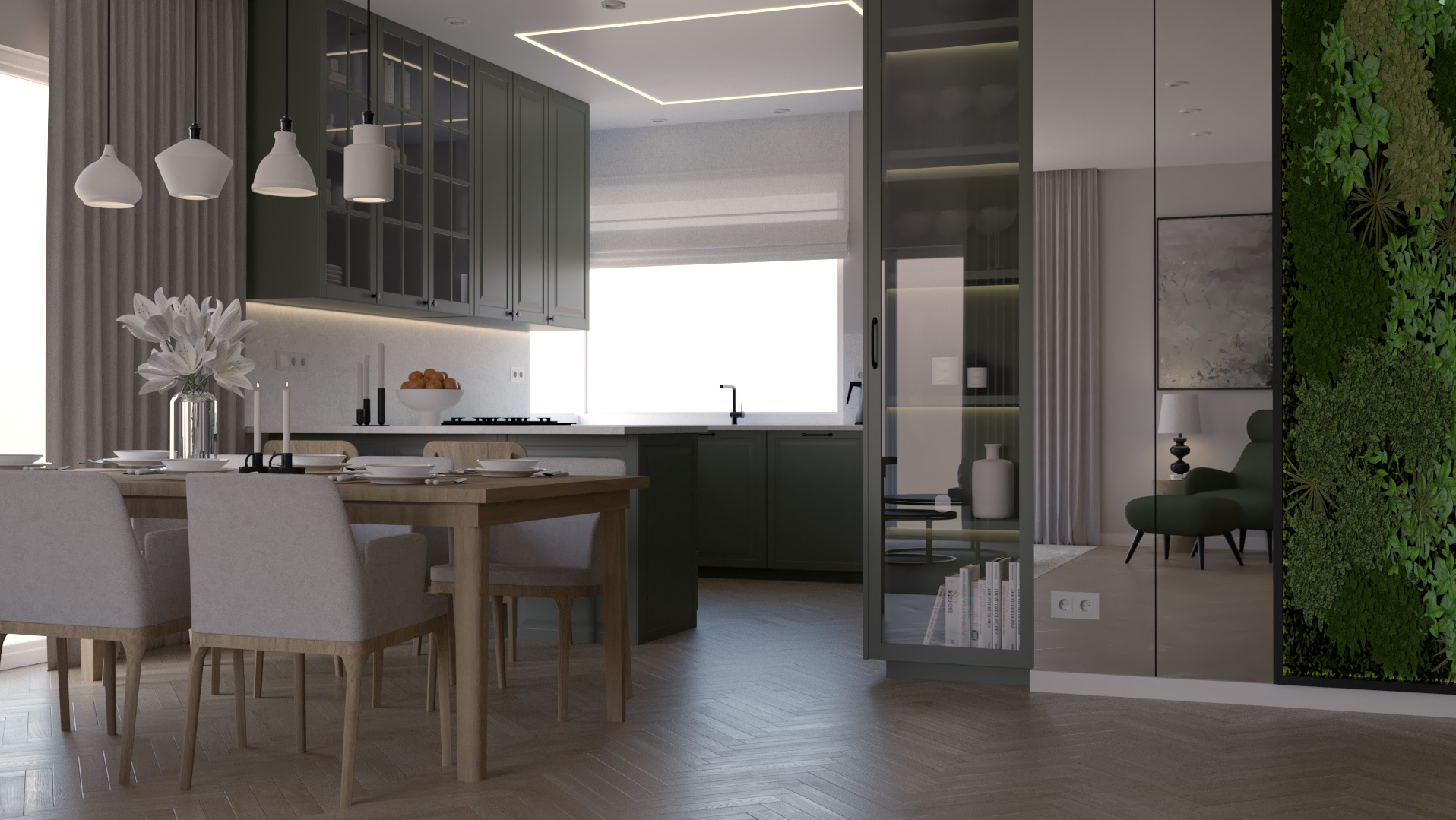 Nowoczesna kuchnia w odcieniach zieleni z drewnianym stołem jadalnym, białymi krzesłami i dekoracyjną ścianą z roślin.