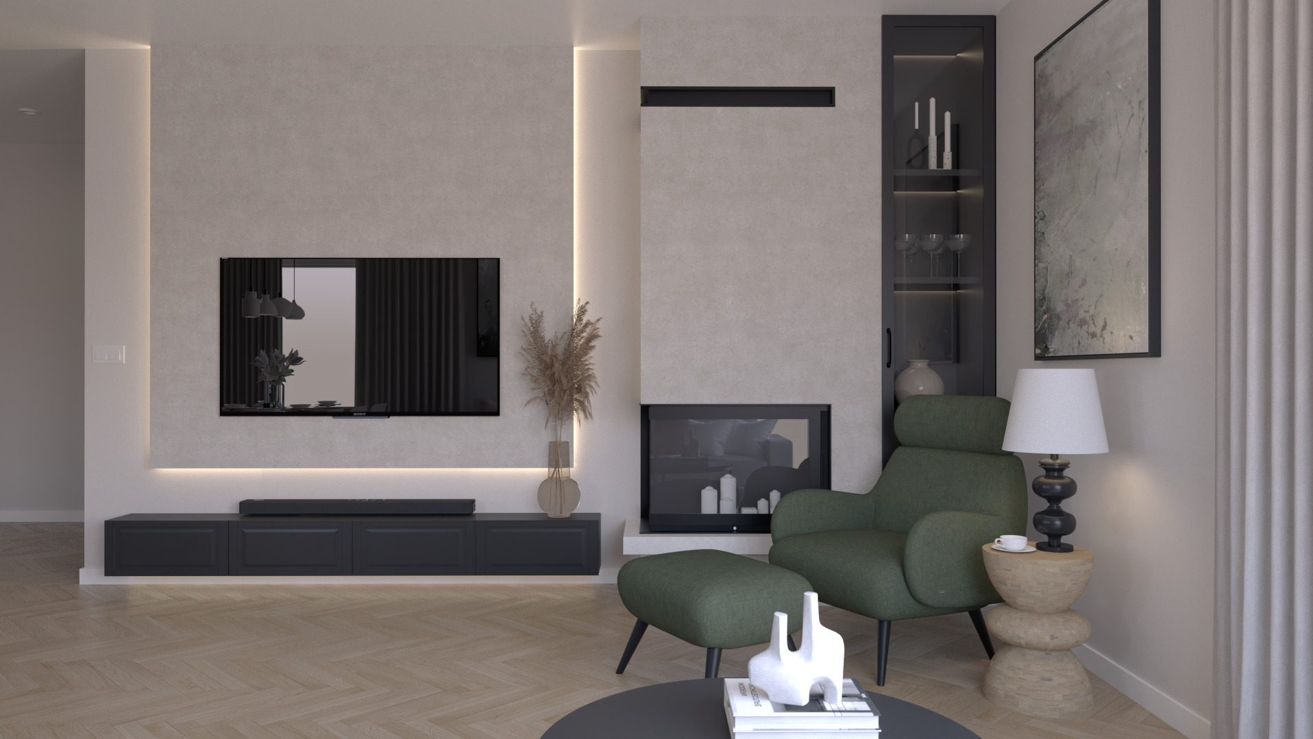 Nowoczesny salon w Stalowej Woli z telewizorem na ścianie, kominkiem, zielonym fotelem z podnóżkiem i dekoracyjną lampą na stoliku.