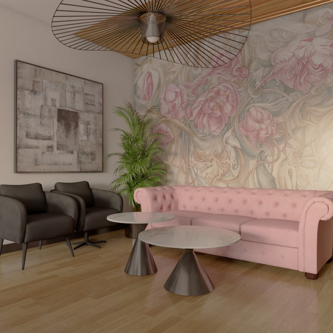 Elegancki salon z różową sofą Chesterfield, marmurowymi stolikami kawowymi na metalowych podstawach, abstrakcyjnym obrazem, rośliną doniczkową i dekoracyjną lampą sufitową w stylu art deco.