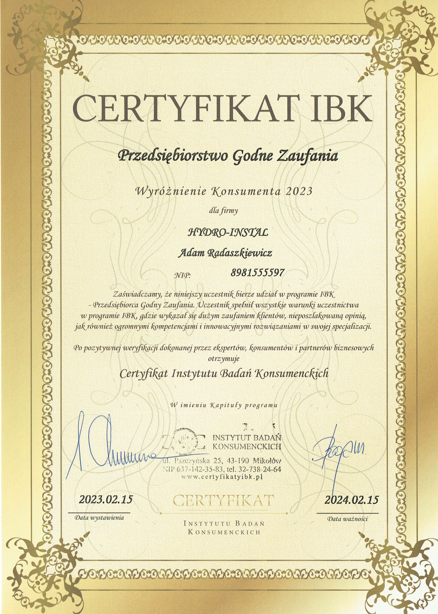 Certyfikat otrzymany od Instytutu Badań Konsumenckich