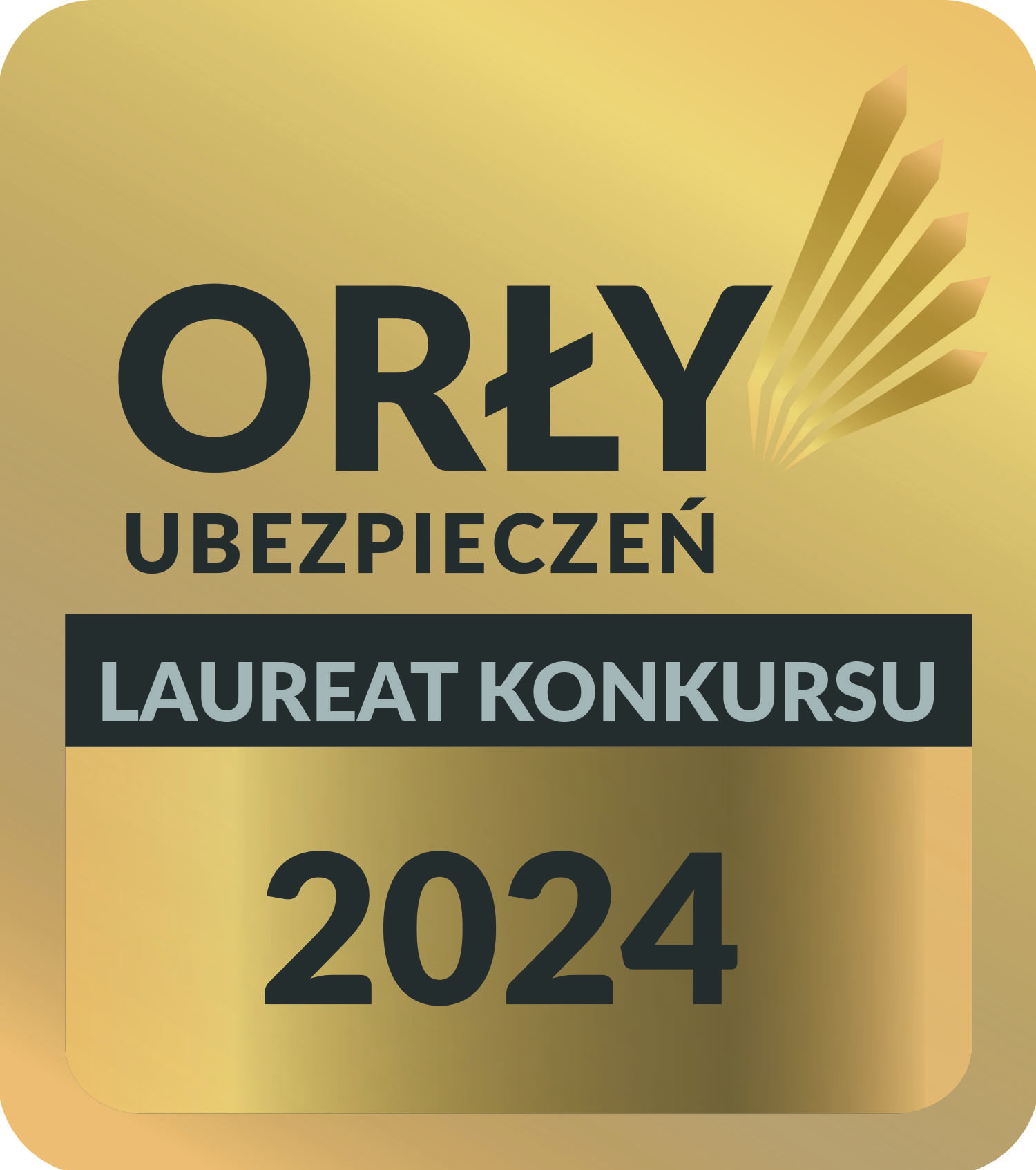 Złota plakietka z napisem 'Orły Ubezpieczeń', 'Laureat Konkursu 2024' oraz graficznym symbolem skrzydeł.