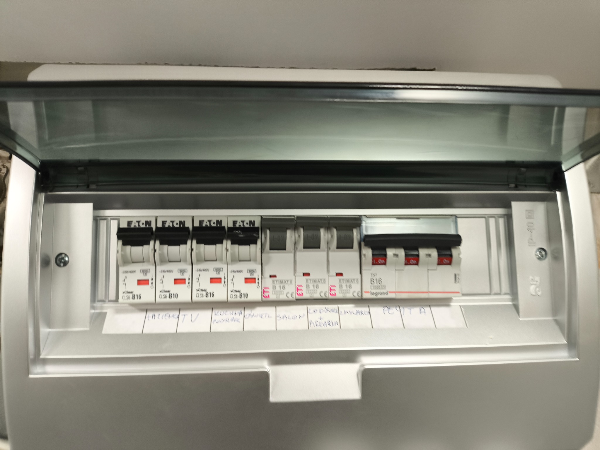 Otwarta skrzynka bezpiecznikowa z zainstalowanymi wyłącznikami nadprądowymi różnych producentów (Eaton, ETI, Legrand) i odręcznie napisanymi oznaczeniami obwodów na paskach pod bezpiecznikami.