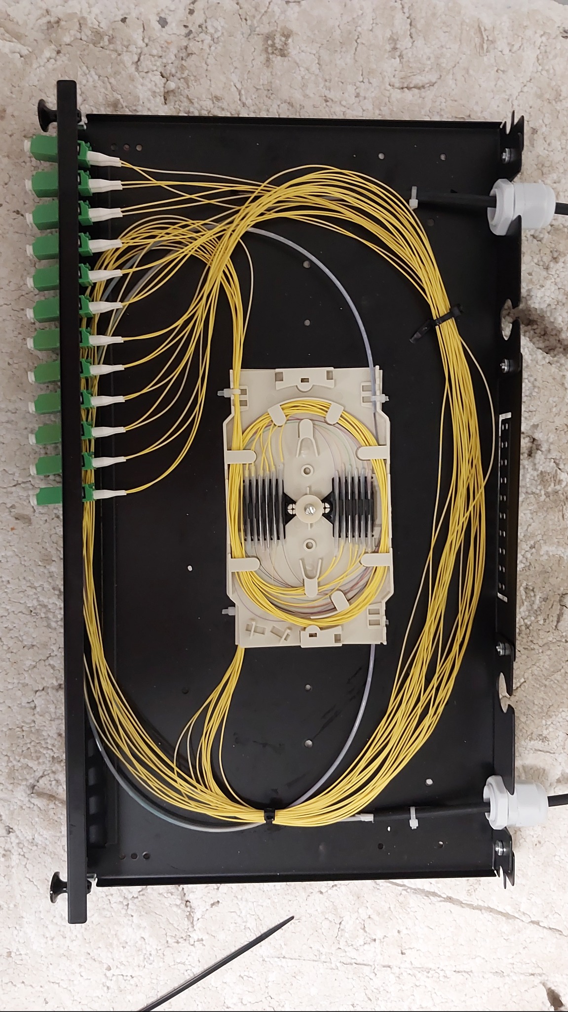 Panel krosowniczy światłowodowy z żółtymi kablami, widoczne złącza i organizer włókien na tle szarej ściany.