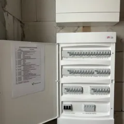 Rozdzielnica elektryczna ETI z otwartymi drzwiczkami, widoczne zabezpieczenia obwodów i opis obwodów. Ściana z bloczków betonowych w tle. Instalacja elektryczna.