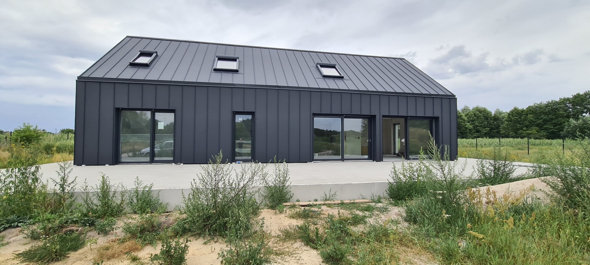 Nowoczesny dom jednorodzinny z ciemnoszarą elewacją i dachem z blachy na rąbek stojący, z trzema oknami dachowymi, widok z zewnątrz na surowy betonowy taras i zarośnięty teren wokół budynku.