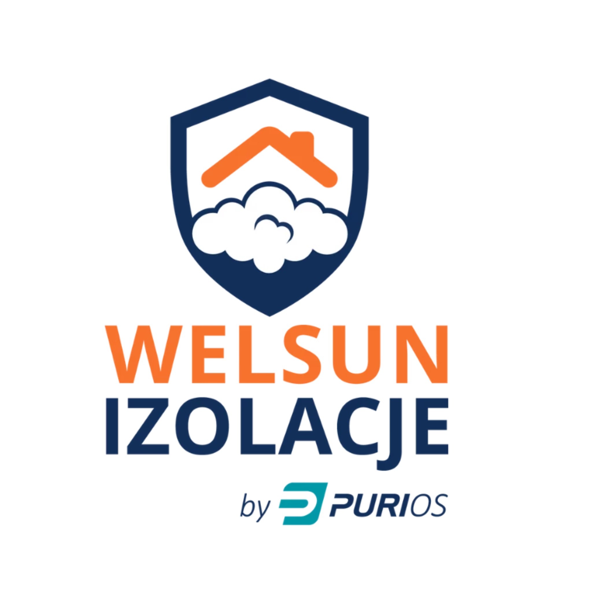 Logo firmy Welsun Izolacje by Purios: tarcza z domem i chmurami, nazwa w kolorach pomarańczowym i granatowym. Identyfikacja wizualna ociepleń.
