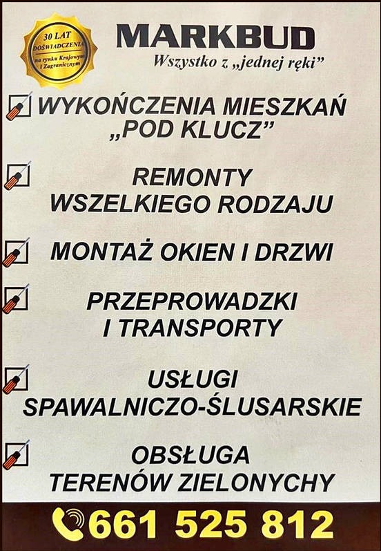 Ulotka reklamowa firmy MARKBUD z ofertą usług: wykończenia mieszkań pod klucz, remonty wszelkiego rodzaju, montaż okien i drzwi, przeprowadzki i transporty, usługi spawalniczo-ślusarskie, obsługa...